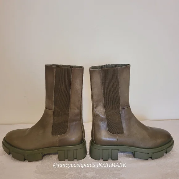 new!FREE PEOPLE olive green soft leather combat boot lug sole zipper elastic lux - Picture 12 of 17